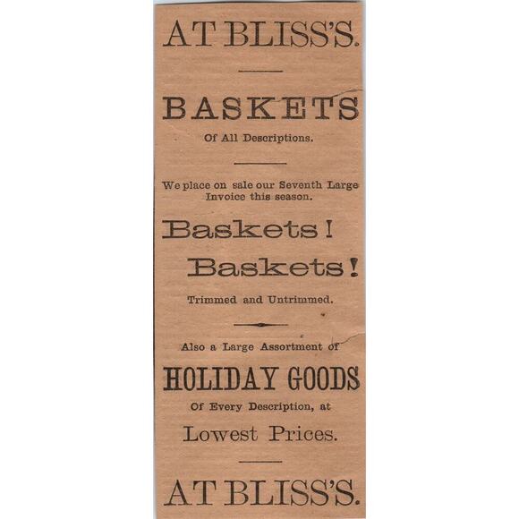 None Other - Bliss's Baskets Holiday Goods 1886 Hartford CT Victorian Ad AB8-HT1